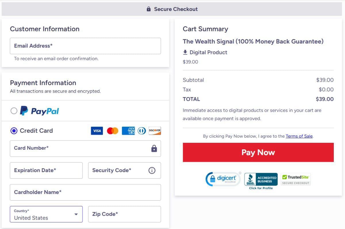 The wealth signal Checkout Page
